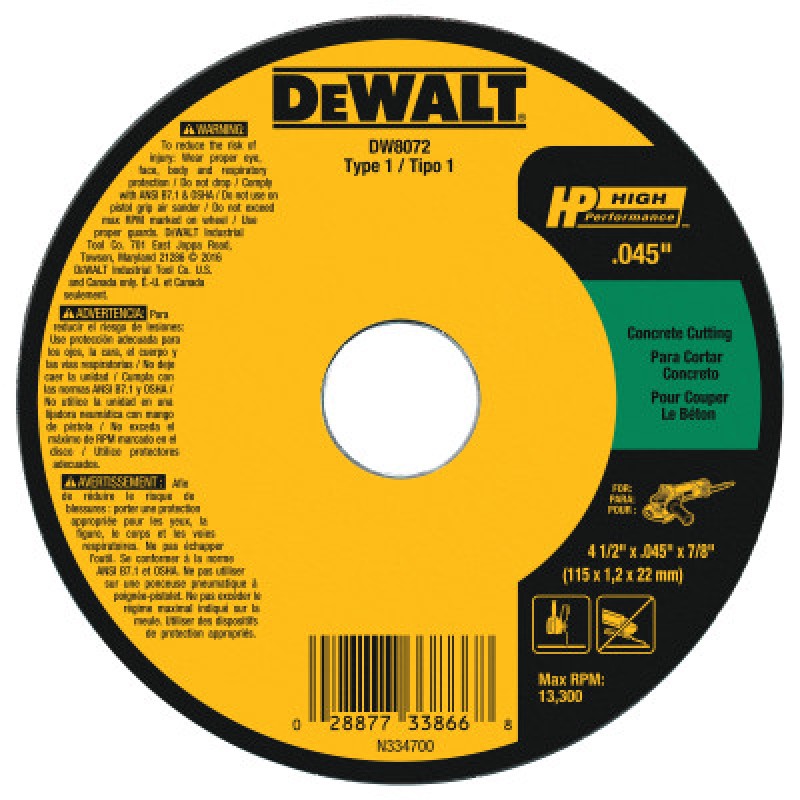 4-1/2" X .045" X 7/8" MASONRY CUTTING WHEEL-BLACK&DECKER-115-DW8072