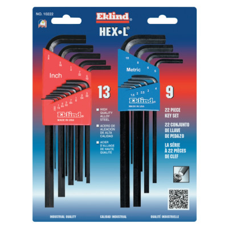 22PC LONG L-WRENCH HEX KEY SET INCH & METR-EKLIND TOOL COM-269-10222