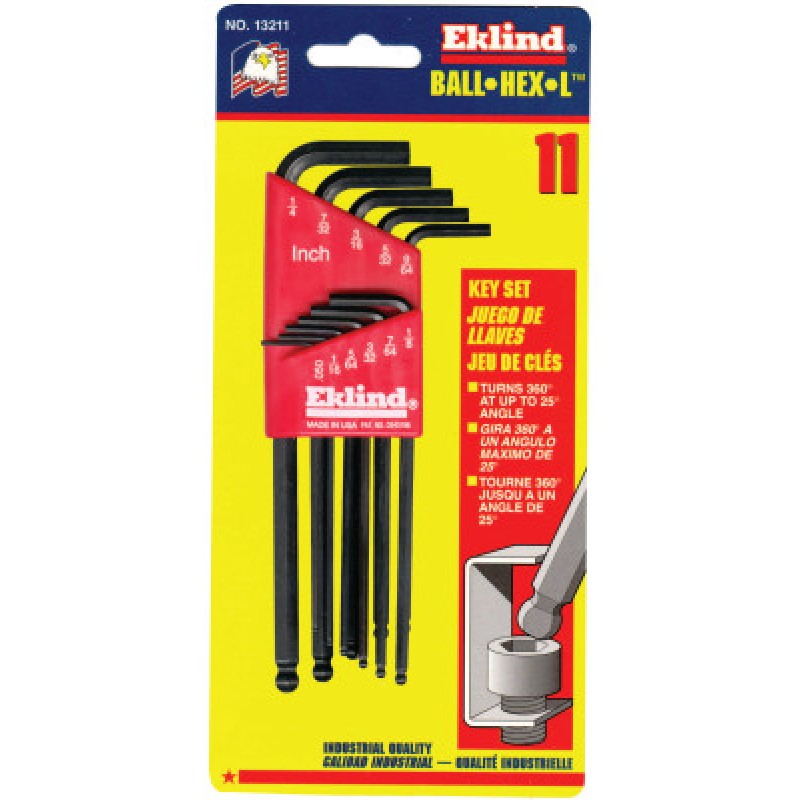 11-PC BALL END HEX KEY SET .050"-1/4"-EKLIND TOOL COM-269-13211