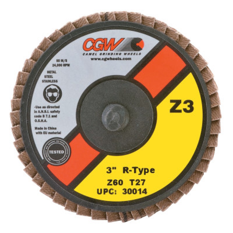 3"ROLOC-TYPE T27 ZIR REG60 GRIT FLAP DISC-CGW CAMEL GRIND-421-30014