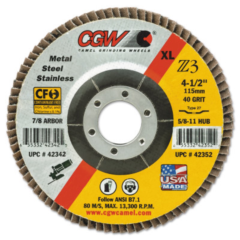 4" X 5/8 T29 Z3 XL 60 GRIT FLAP DISCS-CGW CAMEL GRIND-421-42164
