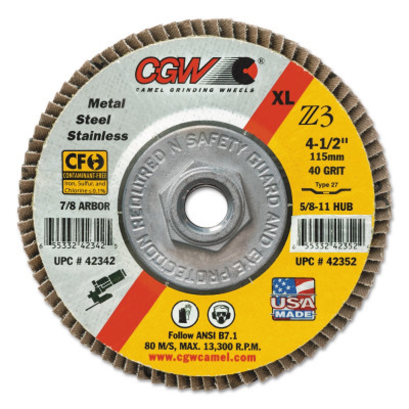 4-1/2"X5/8-11 Z3-120 T29XL 100% ZA FLAP DISC-CGW CAMEL GRIND-421-42376