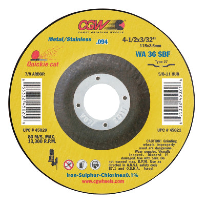 4-1/2X3/32X7/8 A36-S-BFT27 CUTOFF WHEEL-CGW CAMEL GRIND-421-45020