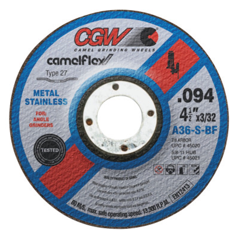 4-1/2X3/32X5/8-11 A36-S-BF T27 CUTOFF WHEEL-CGW CAMEL GRIND-421-45021