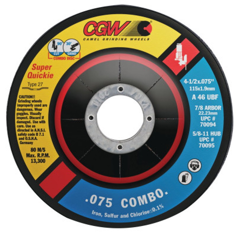 4.5X.075 (5/64)X5/8-11 A46U CUT/GRIND COMBO T27-CGW CAMEL GRIND-421-70095