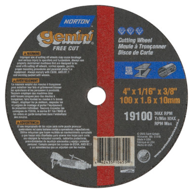 4"X1/16"X3/8" GEMENI FREE CUT-OFF WHEEL SMALL-ST GOBAIN-544-547-66243510655