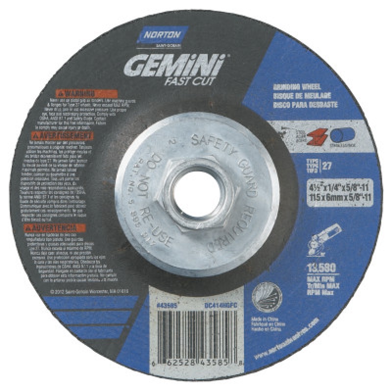 4-1/2"X1/4X5/8-11 GEMINIFAST CUT DISC-ST GOBAIN-544-547-66252843585