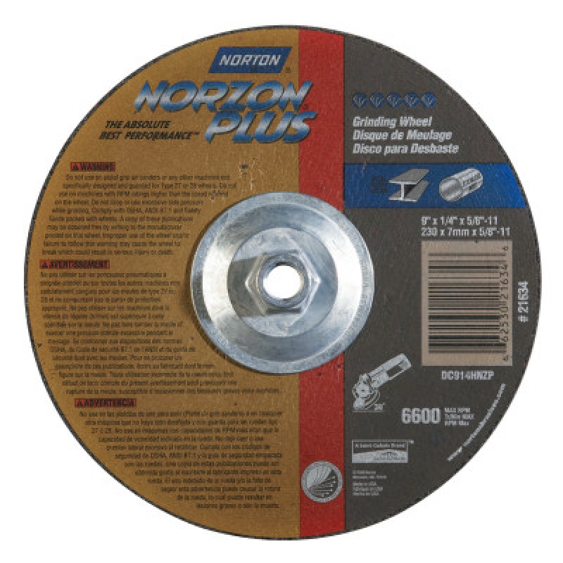 9"X1/4"X5/8-11 TYPE 27 NORZON PLUS WHEEL-ST GOBAIN-544-547-66253021634