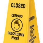 FLOOR SIGN W/MULTI-LINGUAL CLOSED IMPR-RUBBERMAID*640*-640-FG611478YEL