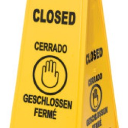 FLOOR SIGN W/MULTI-LINGUAL CLOSED IMPR-RUBBERMAID*640*-640-FG611478YEL