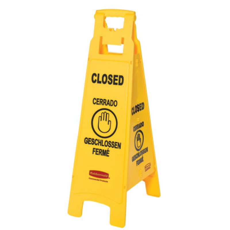 FLOOR SIGN W/MULTI-LINGUAL CLOSED IMPR-RUBBERMAID*640*-640-FG611478YEL