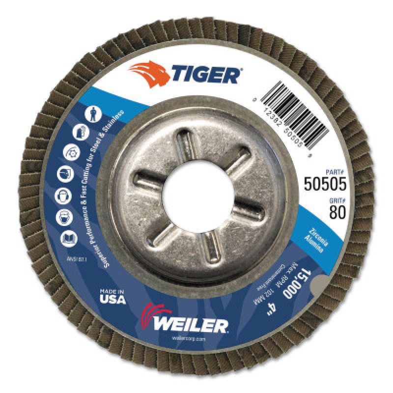 4" TIGER ABRASIVE FLAP DISC 80-GRIT 5/8-WEILER CORPORAT-804-50505