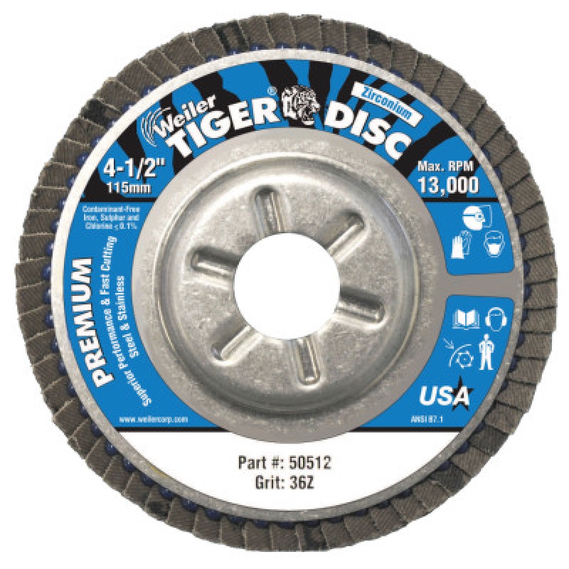 4-1/2" TIGER DISC ABRASIVE FLAP DISC 36GRIT W/7/-WEILER CORPORAT-804-50512