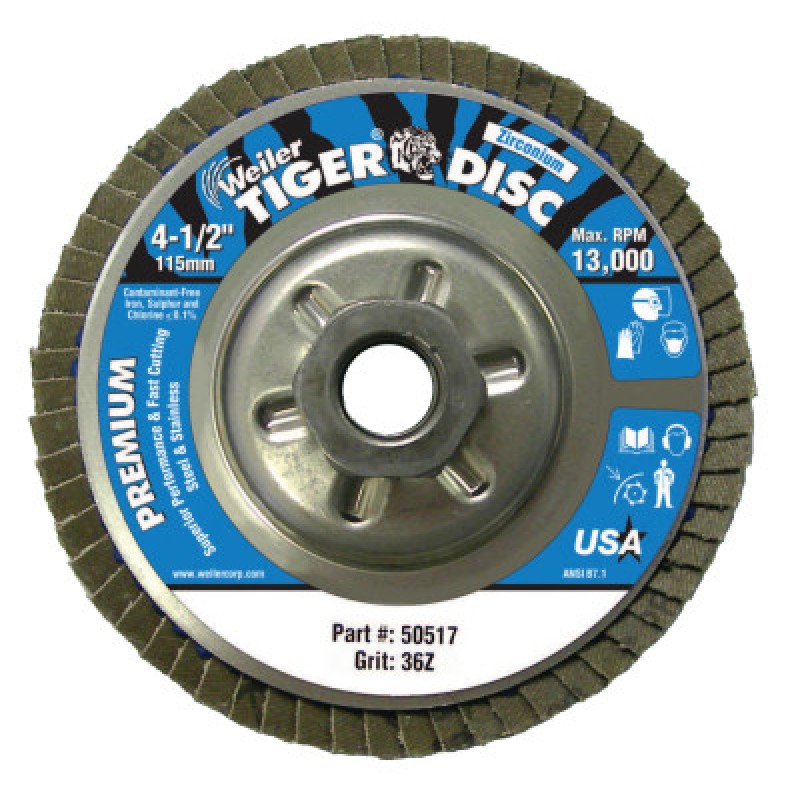 4-1/2" TIGER FLAP DISC 5/8"-11 NUT ANGLED ALUM-WEILER CORPORAT-804-50517