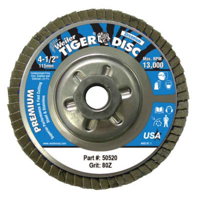 4-1/2" TIGER ABRASIVE FLAP DISC 80Z 5/8"-11 A.H.-WEILER CORPORAT-804-50520