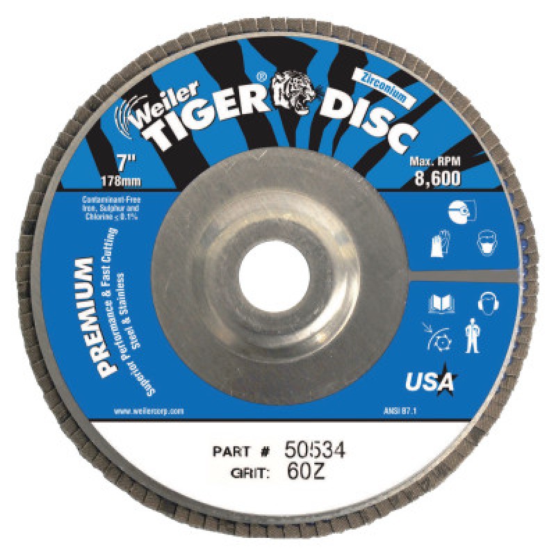 7" TIGER DISC ABR.FLAP DISC-ANGLED 60GRIT 7/8"-WEILER CORPORAT-804-50534