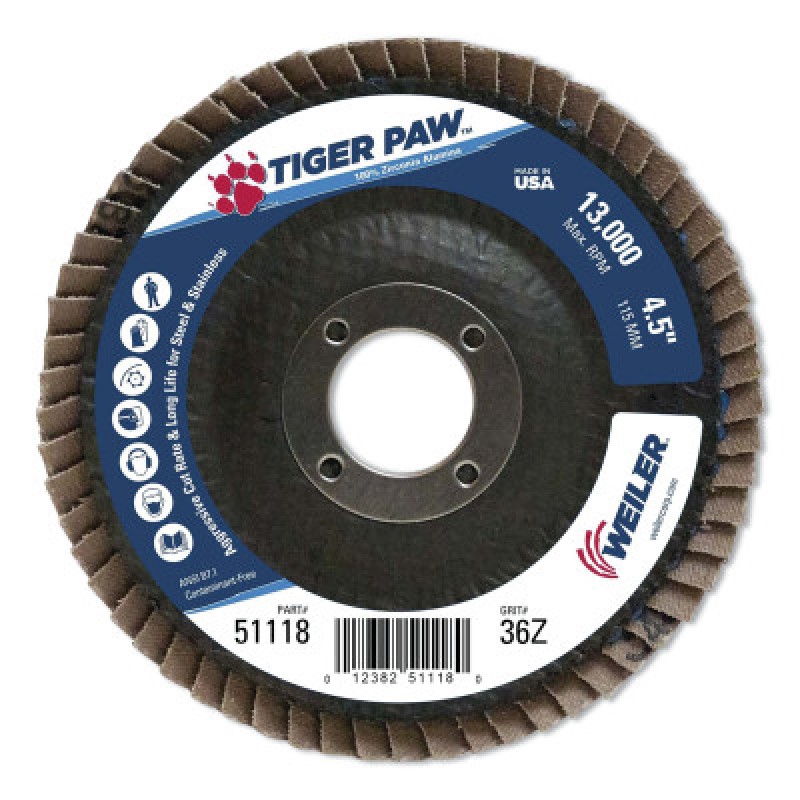 4-1/2" TIGER PAW ABRASIVE FLAP DISC- ANGLED- 36Z-WEILER CORPORAT-804-51118