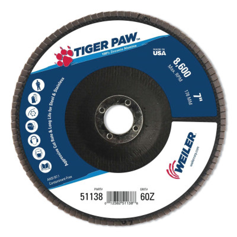 7" TIGER PAW ABRASIVE FLAP DISC- FLAT-60Z- 7/8"-WEILER CORPORAT-804-51138