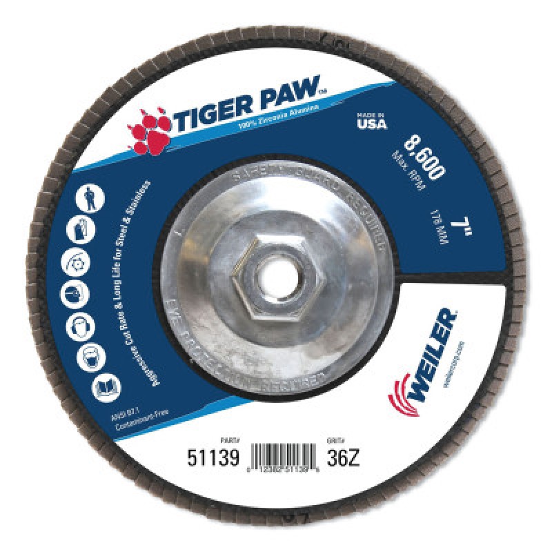 7" TIGER PAW ABRASIVE FLAP DISC- FLAT-36Z- 5/8"--WEILER CORPORAT-804-51139