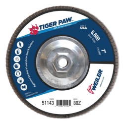 7" TIGER PAW ABRASIVE FLAP DISC- FLAT-80Z-5/8"-1-WEILER CORPORAT-804-51143