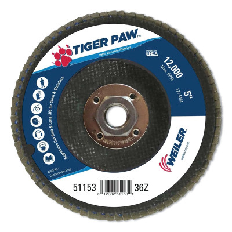 5" TIGER PAW ABRASIVE FLAP DISC  FLAT  PHENOLIC-WEILER CORPORAT-804-51153
