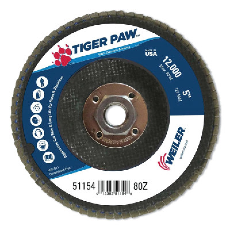5" TIGER PAW ABRASIVE FLAP DISC  FLAT  PHENOLIC-WEILER CORPORAT-804-51154