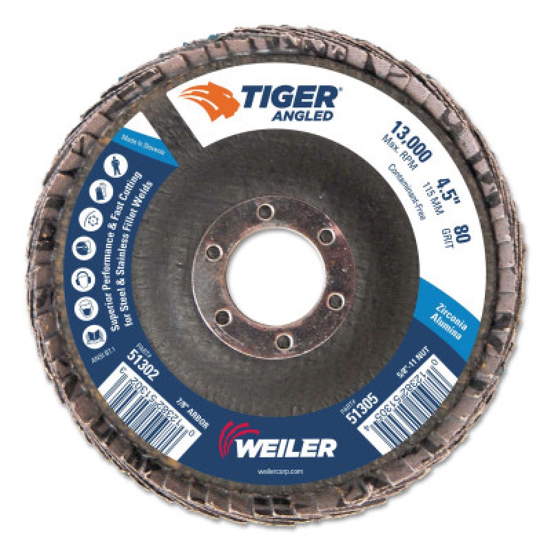 4-1/2" TIGER ANGLED FLAPDISC  80Z  7/8" A.H.-WEILER CORPORAT-804-51302