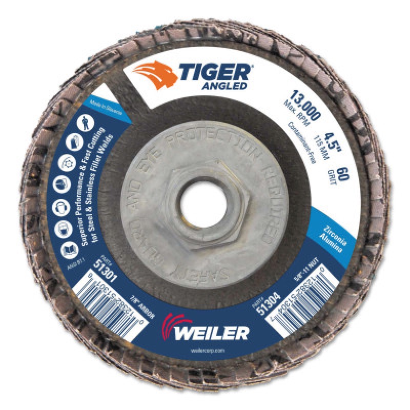 4-1/2" TIGER ANGLED FLAPDISC  60Z  5/8"-11 NUT-WEILER CORPORAT-804-51304