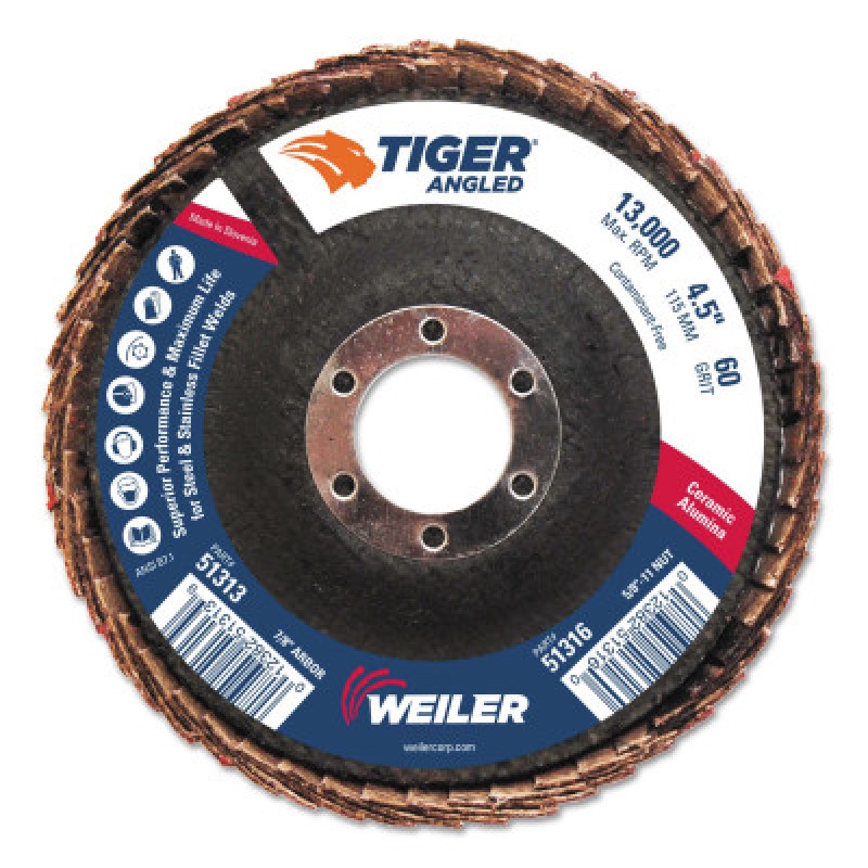 4-1/2" TIGER ANGLED FLAPDISC  60C  7/8" A.H.-WEILER CORPORAT-804-51313