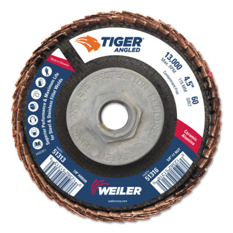 4-1/2" TIGER ANGLED FLAPDISC  60C  5/8"-11 NUT-WEILER CORPORAT-804-51316