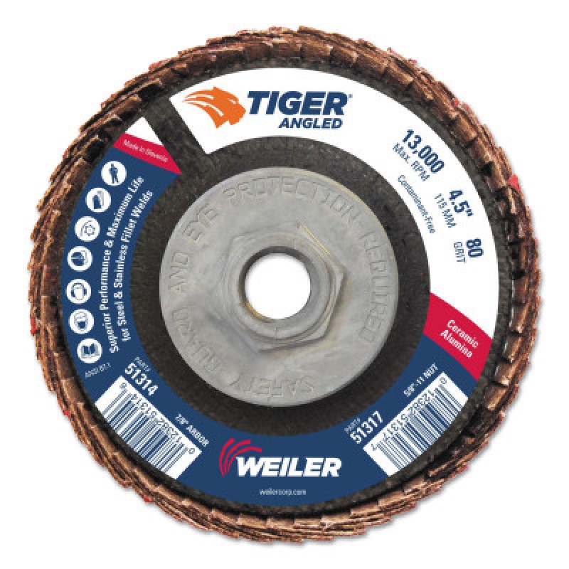 4-1/2" TIGER ANGLED FLAPDISC  80C  5/8"-11 NUT-WEILER CORPORAT-804-51317