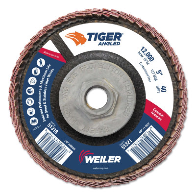 5" TIGER ANGLED FLAP DISC  40C  5/8"-11 NUT-WEILER CORPORAT-804-51321