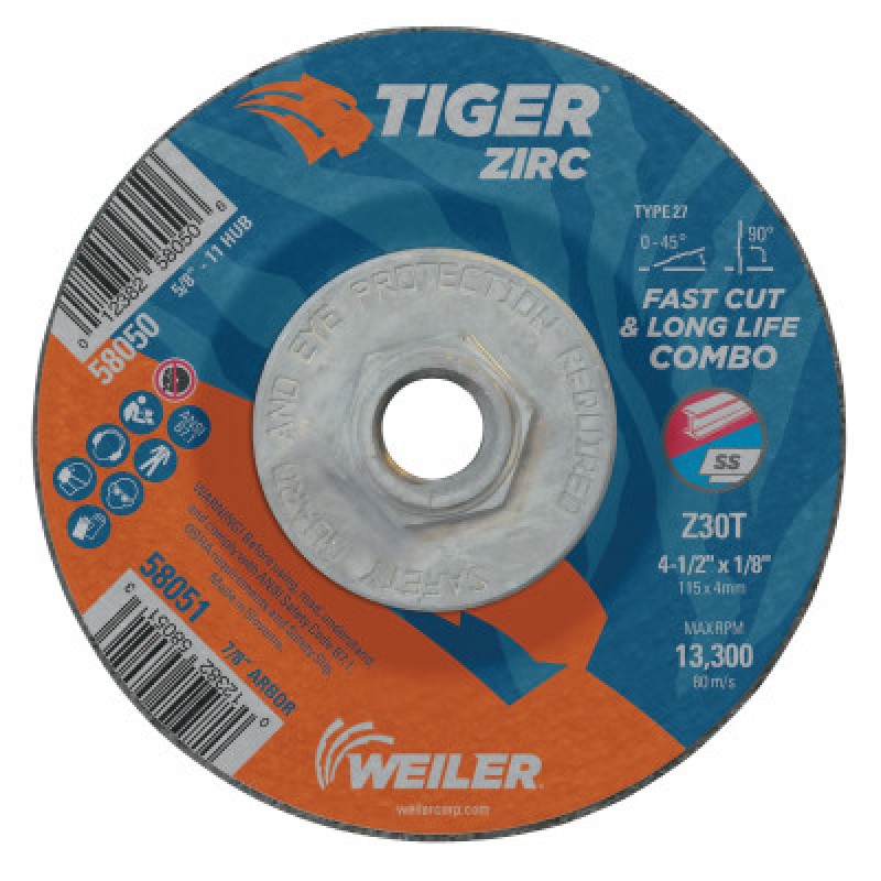 4-1/2 X 1/8 TIGER ZIRC TY27 COMB WHL  5/8-11 AH-WEILER CORPORAT-804-58050