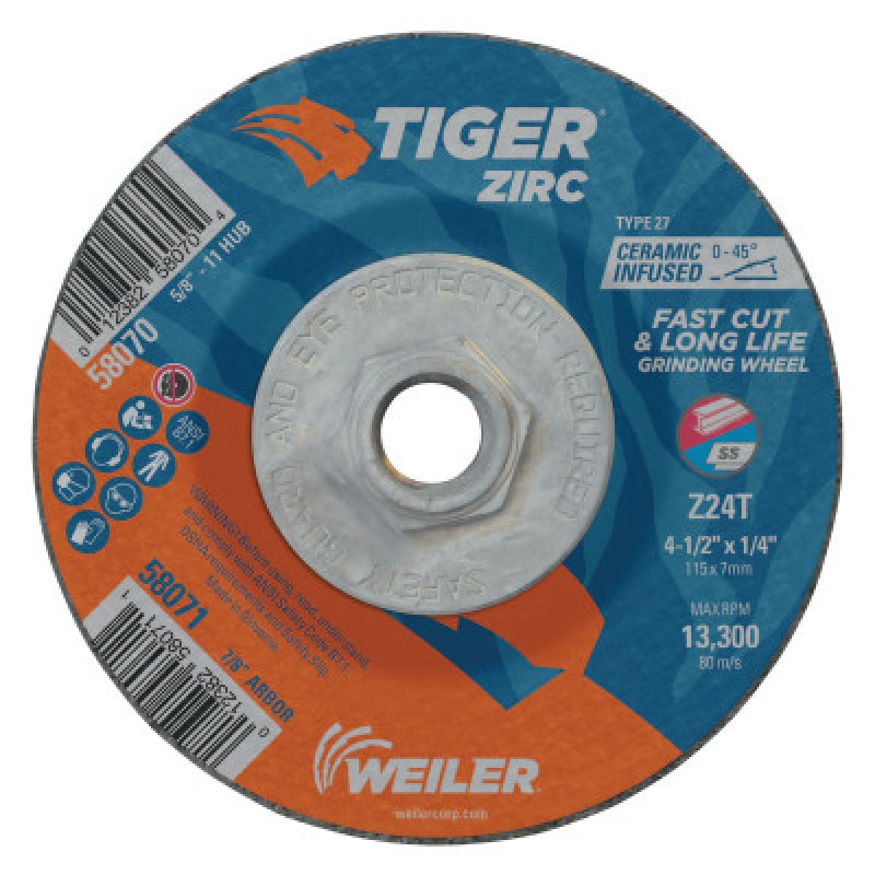 4-1/2 X 1/4 TIGER ZIRCTY27 GRIND WHL   5/8-11-WEILER CORPORAT-804-58070