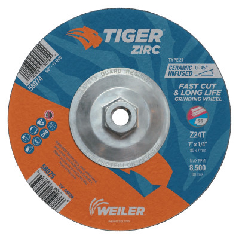 7 X 1/4 TIGER ZIRC TY27GRIND WHL  5/8-11 AH-WEILER CORPORAT-804-58074
