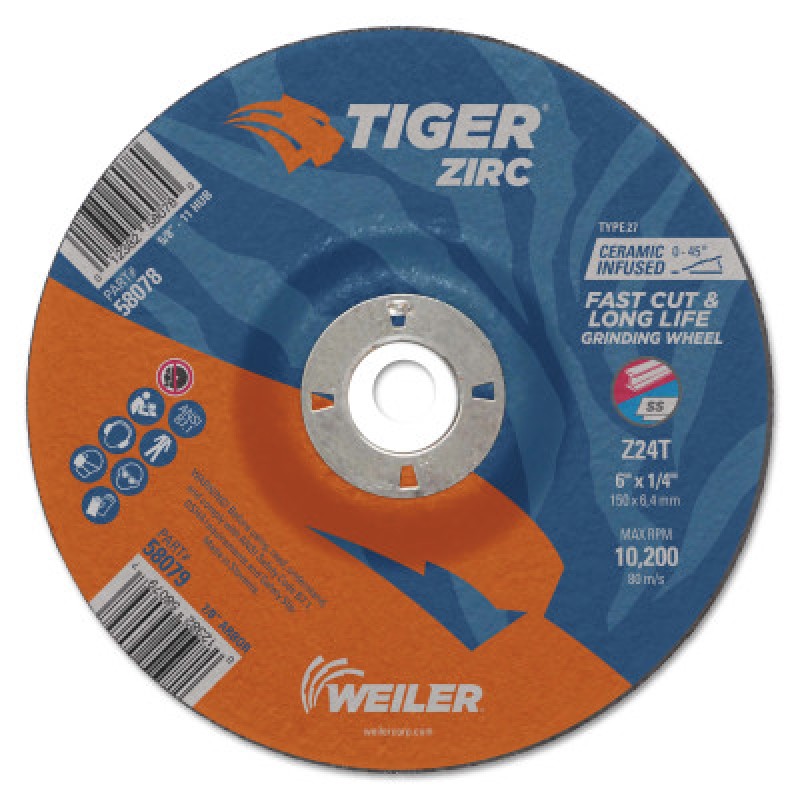 6 X 1/4 TIGER ZIRC T27 GRIND WHEEL  Z24T  7/8 AH-WEILER CORPORAT-804-58079