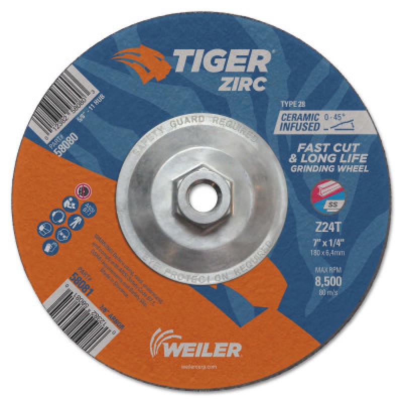 7 X 1/4 TIGER ZIRC T28 GRIND WHEEL  Z24T  5/8-11-WEILER CORPORAT-804-58080