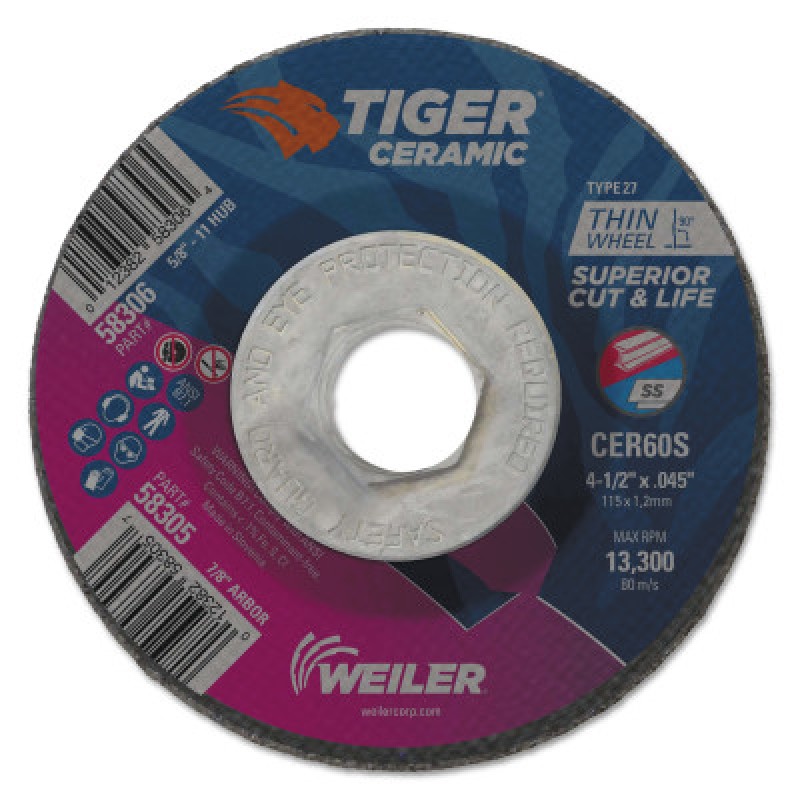 4.5 X .045 TIGER CERAMICT27 CW CER60S 5/8-11-WEILER CORPORAT-804-58306